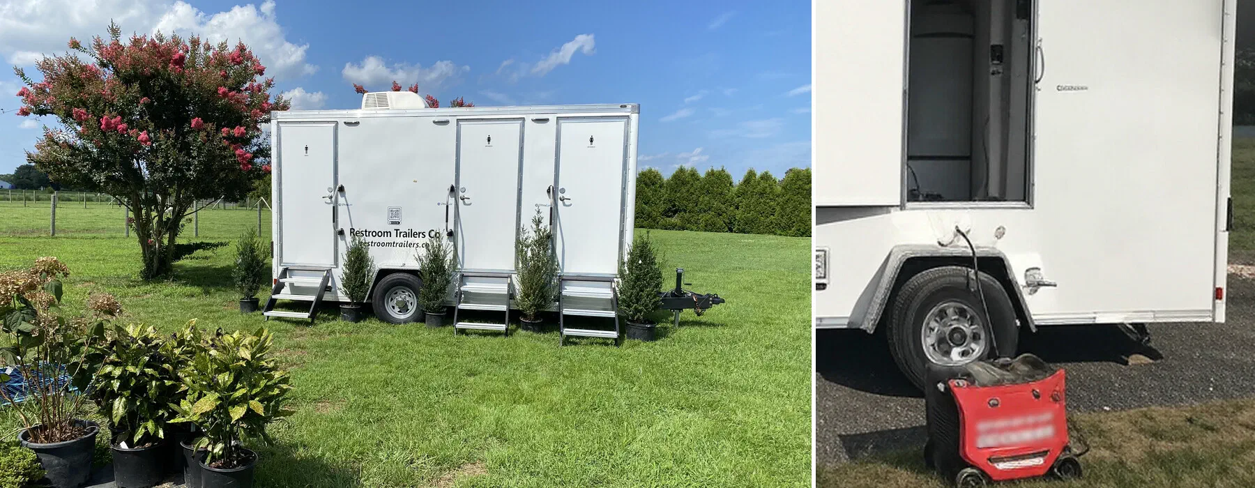 A Restroom Trailers Co trailer on a lawn by a pink crepe myrtle, and a portable generator beside a trailer wheel