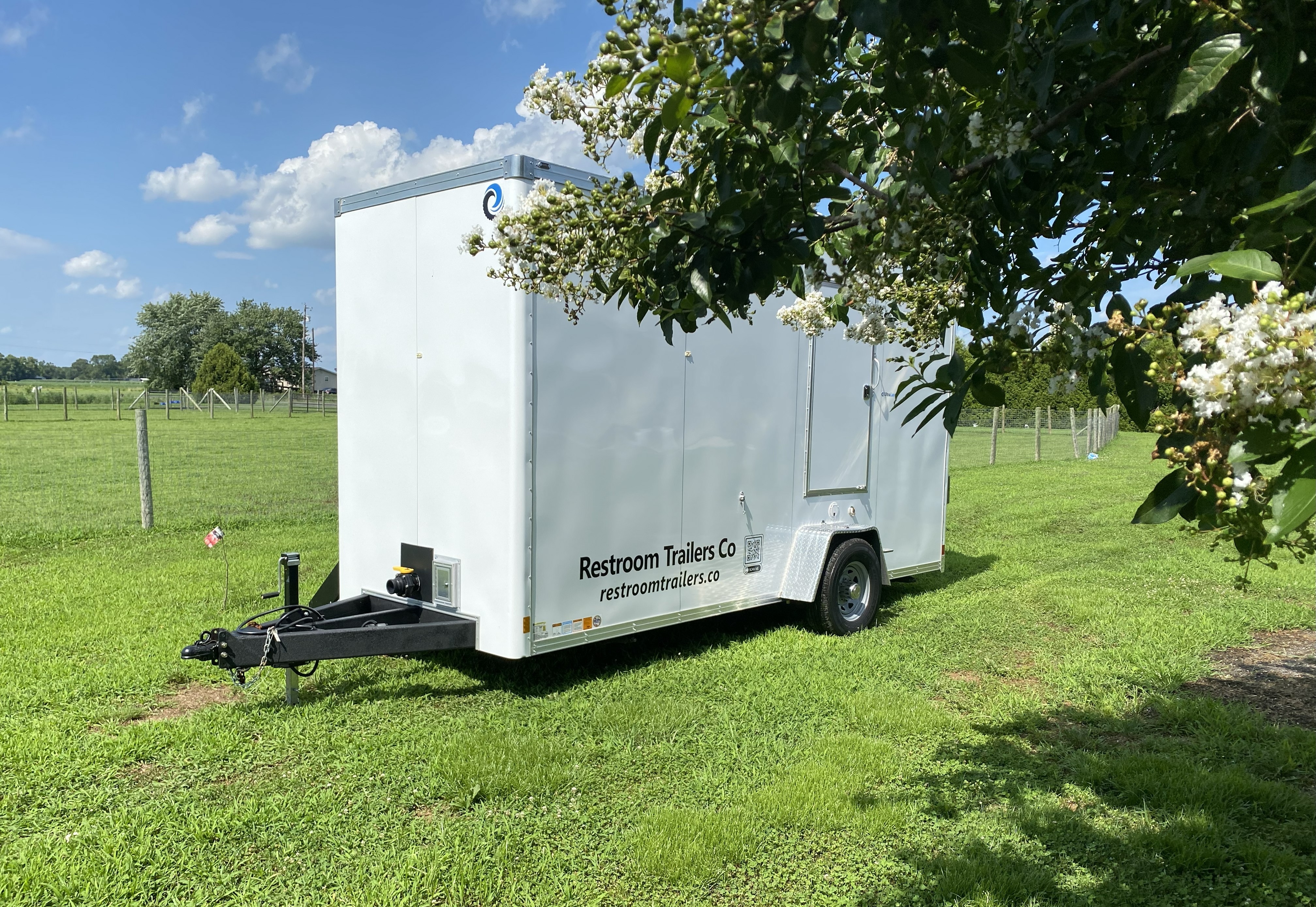 Rear view of luxury restroom trailer